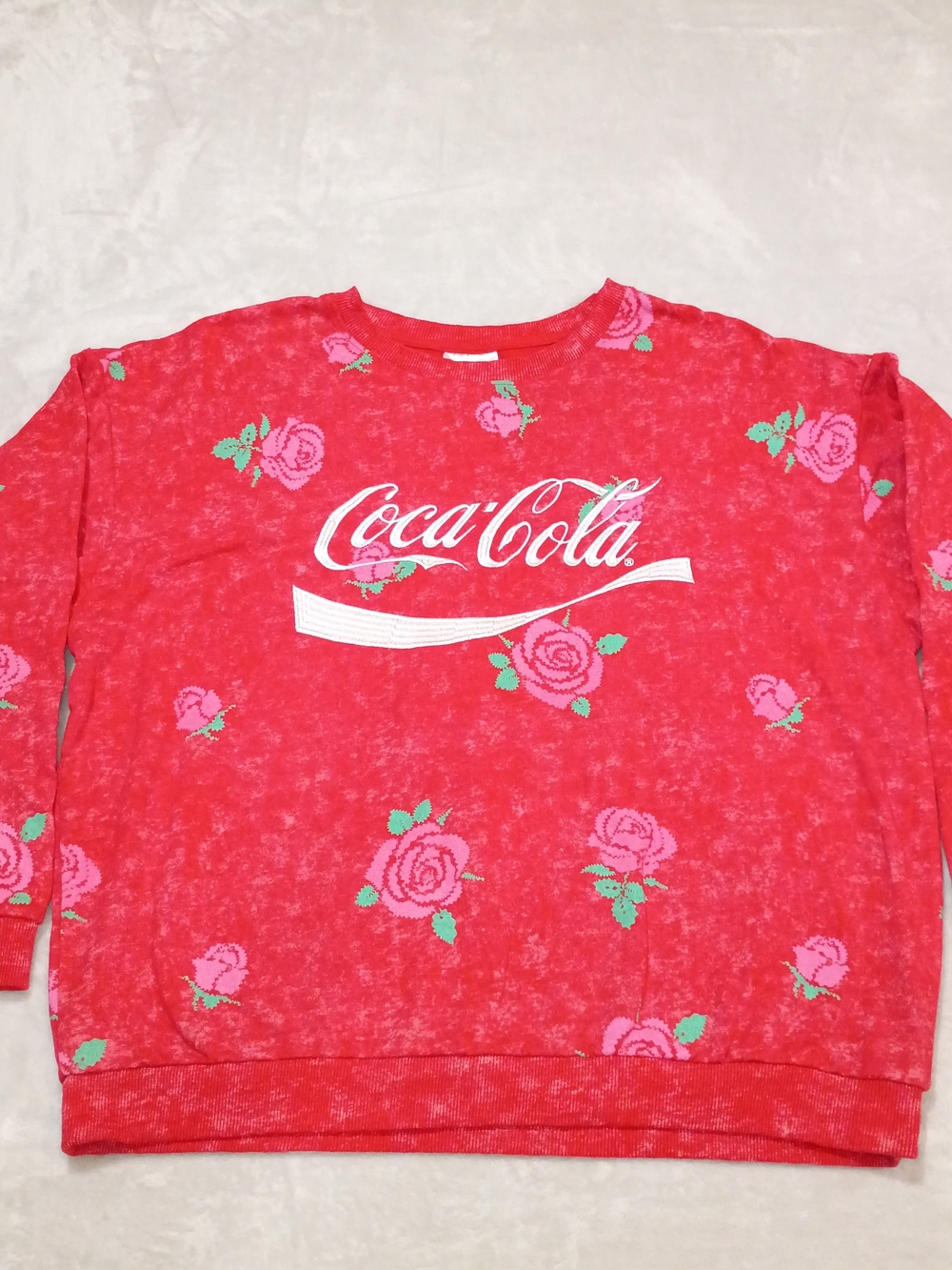 Vintage-Vibe Coca-Cola Rose Print Burnout Crewneck Sweatshirt - Red
